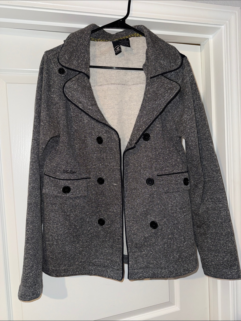 Women's Double-Breasted Gray Pea Coat with Black Piping - Picture 1 of 5